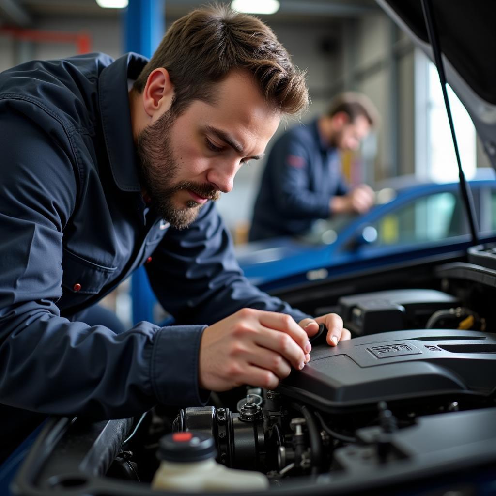 Dallas car mechanic inspecting vehicle