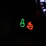 Car dashboard with multiple warning lights illuminated