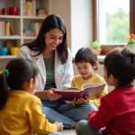 Daycare staff member reading to a group of children