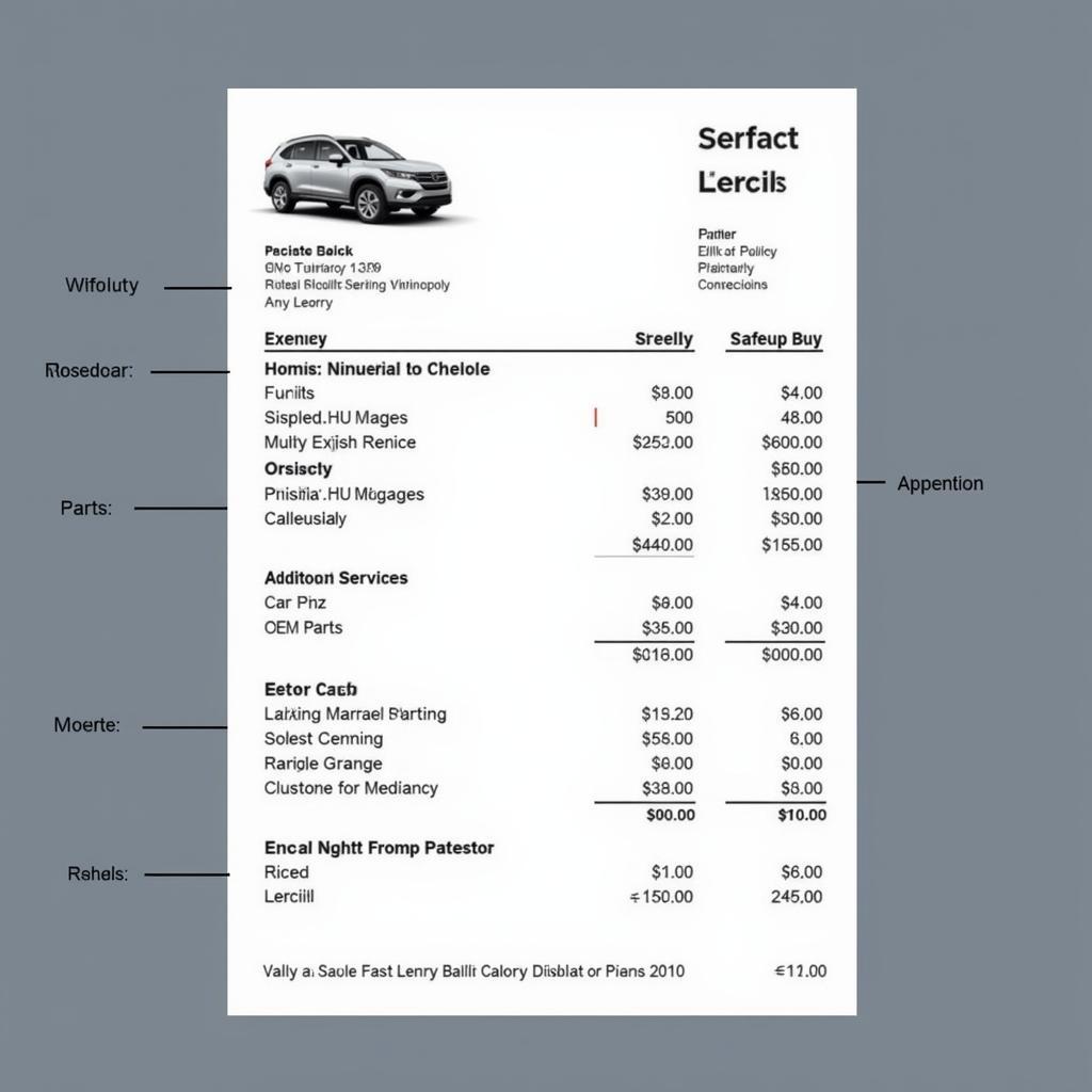 Car dealer service center bill showing parts and labor costs