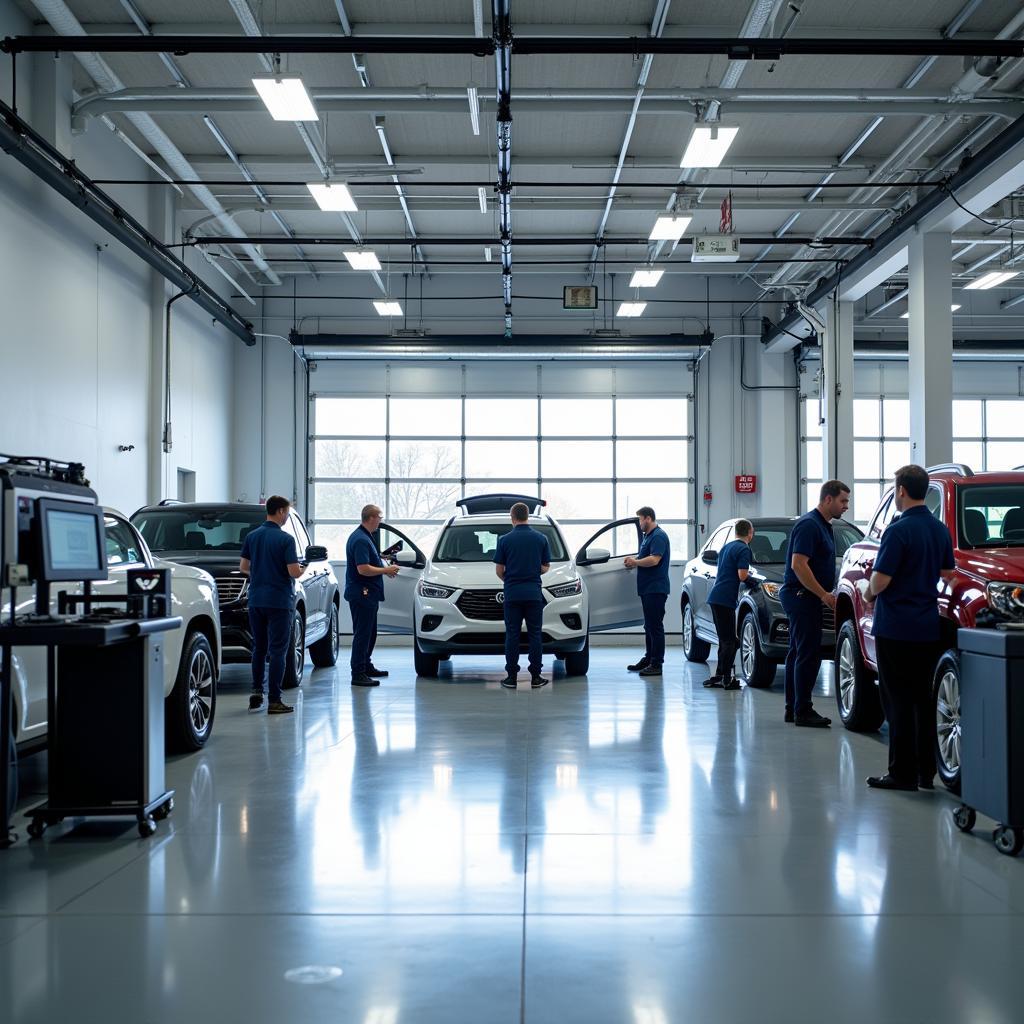 Modern Dealership Service Bay with Technicians Working