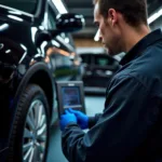 Car technician performing diagnostics