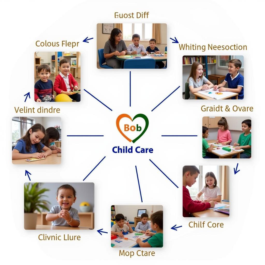 Image collage showcasing different child care settings, including a bustling daycare center, a cozy home-based care environment, and a child interacting one-on-one with a nanny.