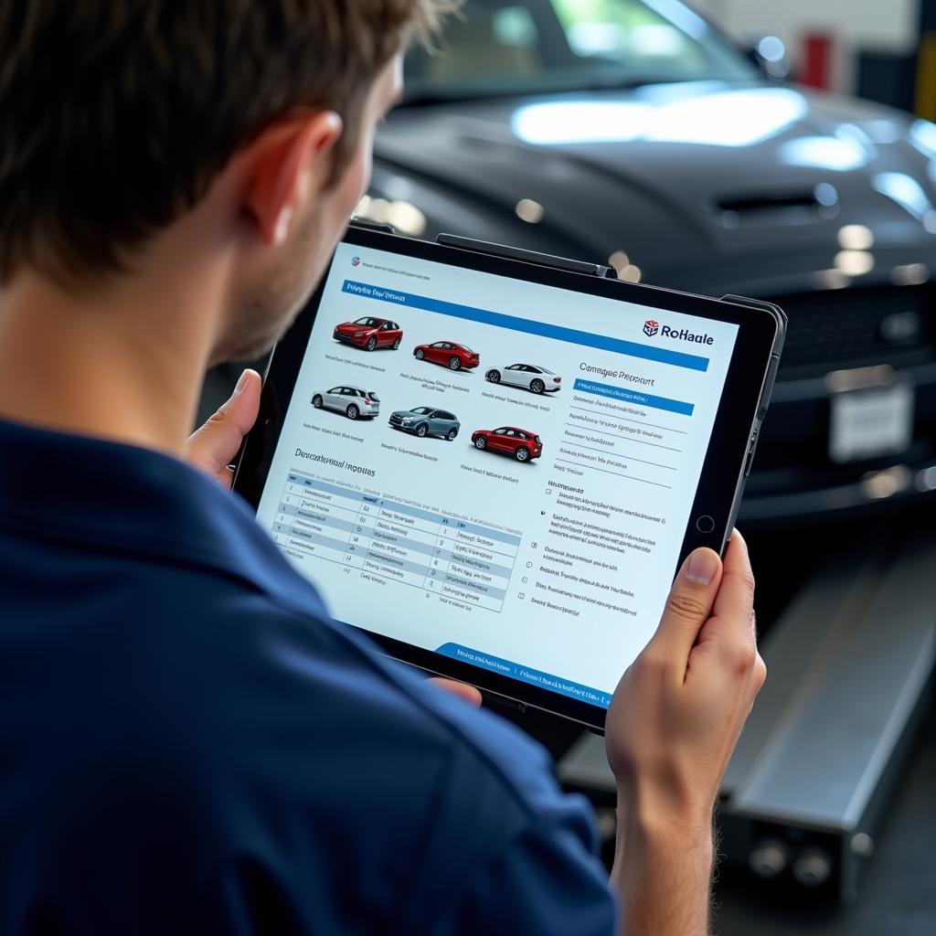 Technician reviewing a digital vehicle inspection report on a tablet