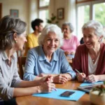 Diverse group of seniors enjoying activities at an adult day care center