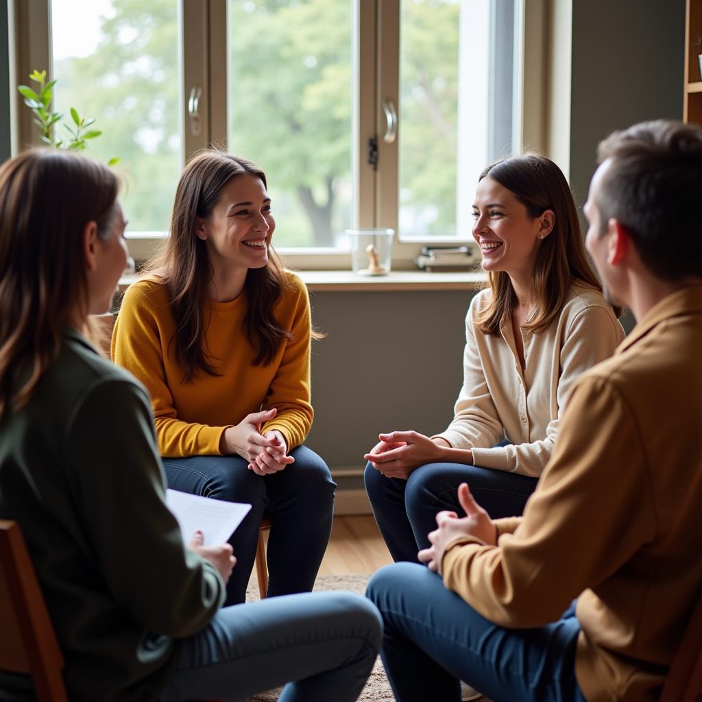 A diverse group of individuals participating in a group therapy session.