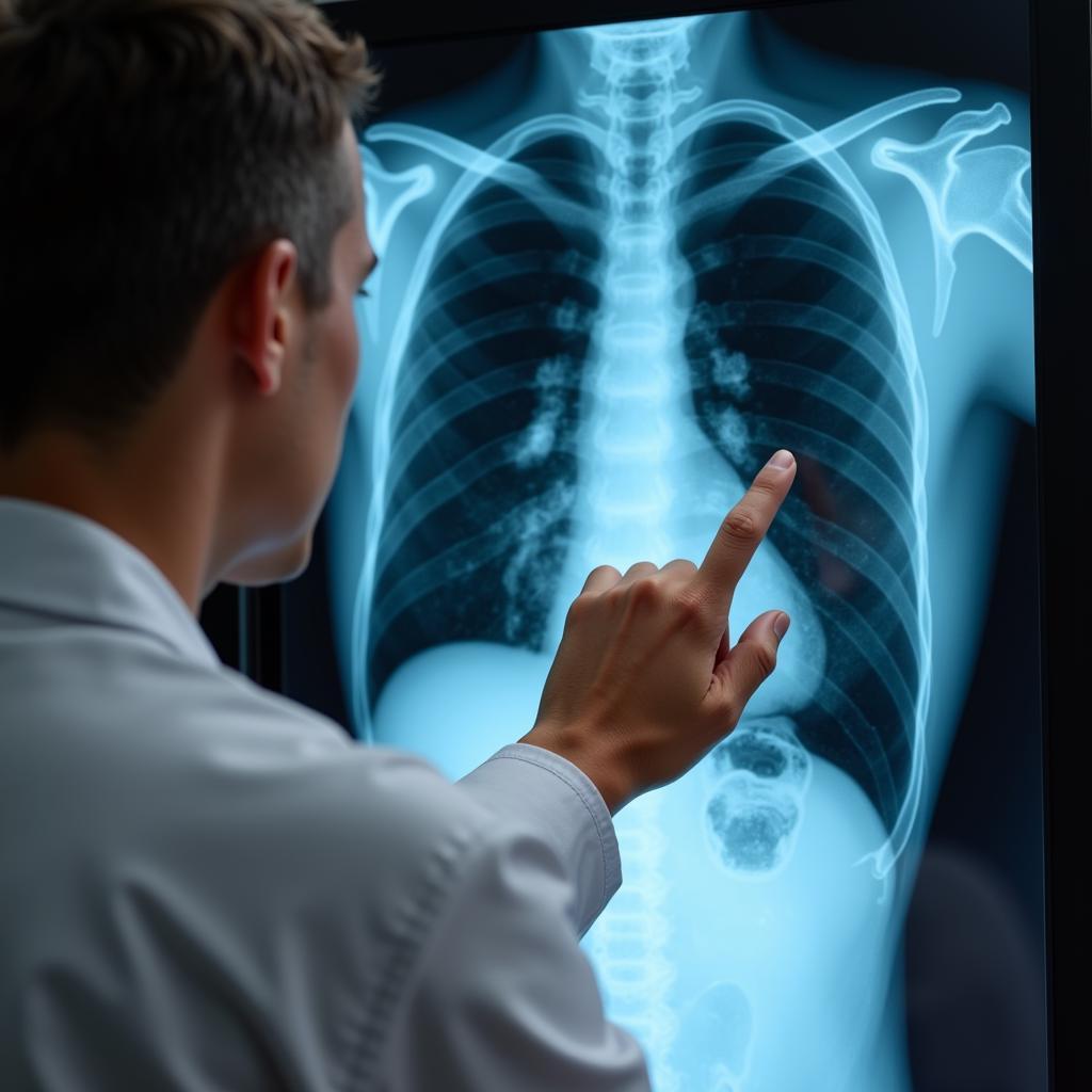 Doctor pointing at an x-ray while talking to patient