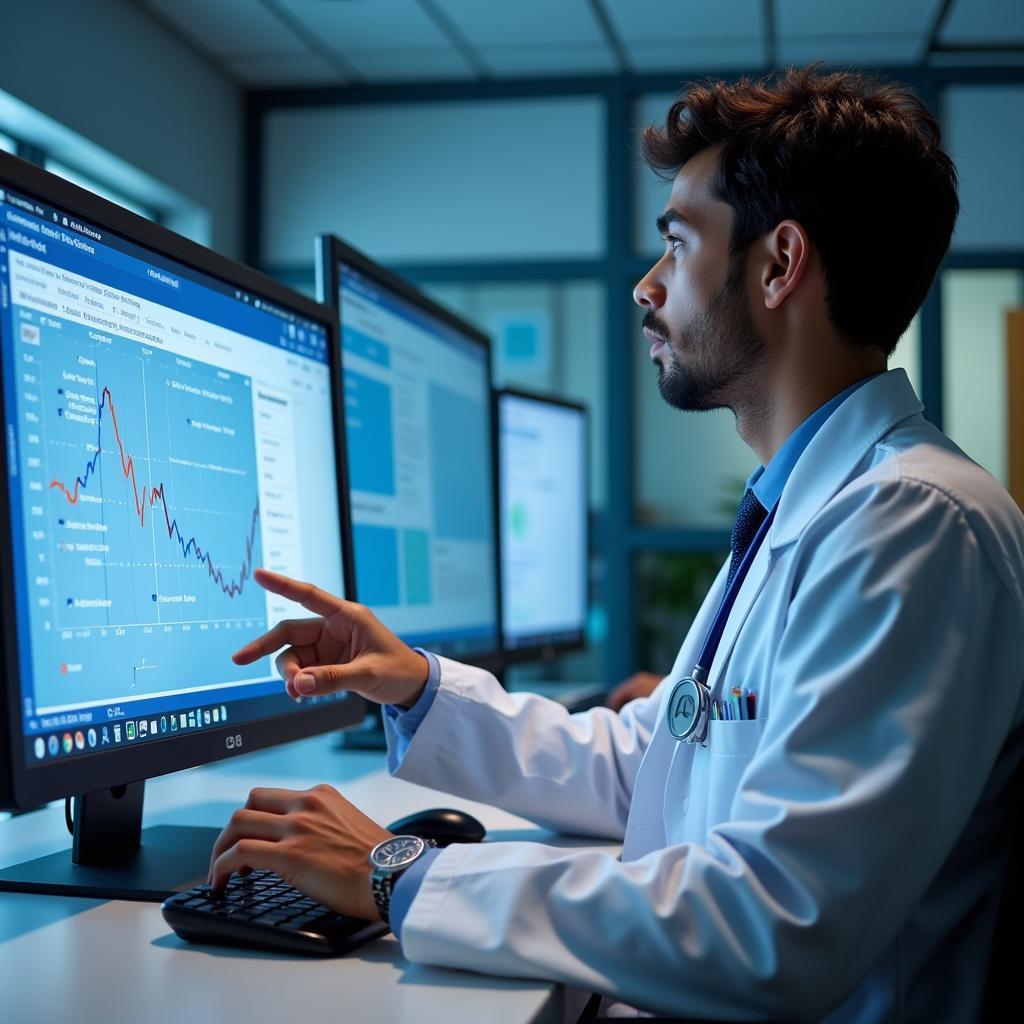 A doctor reviewing patient data on an EHR system