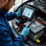 Technician checking electric car battery health during service