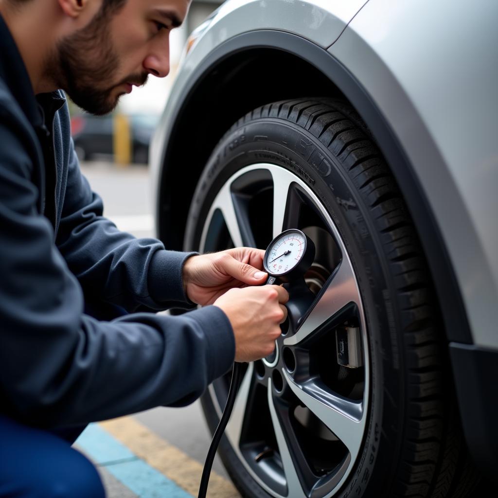 Mechanic Inspecting Electric Car Tires