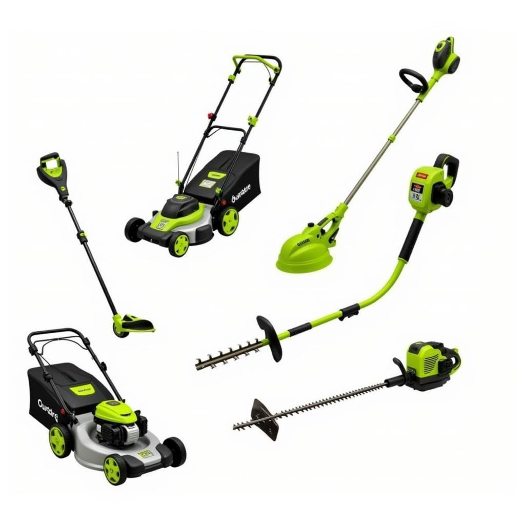 Variety of electric lawn care tools including mower, trimmer, and blower