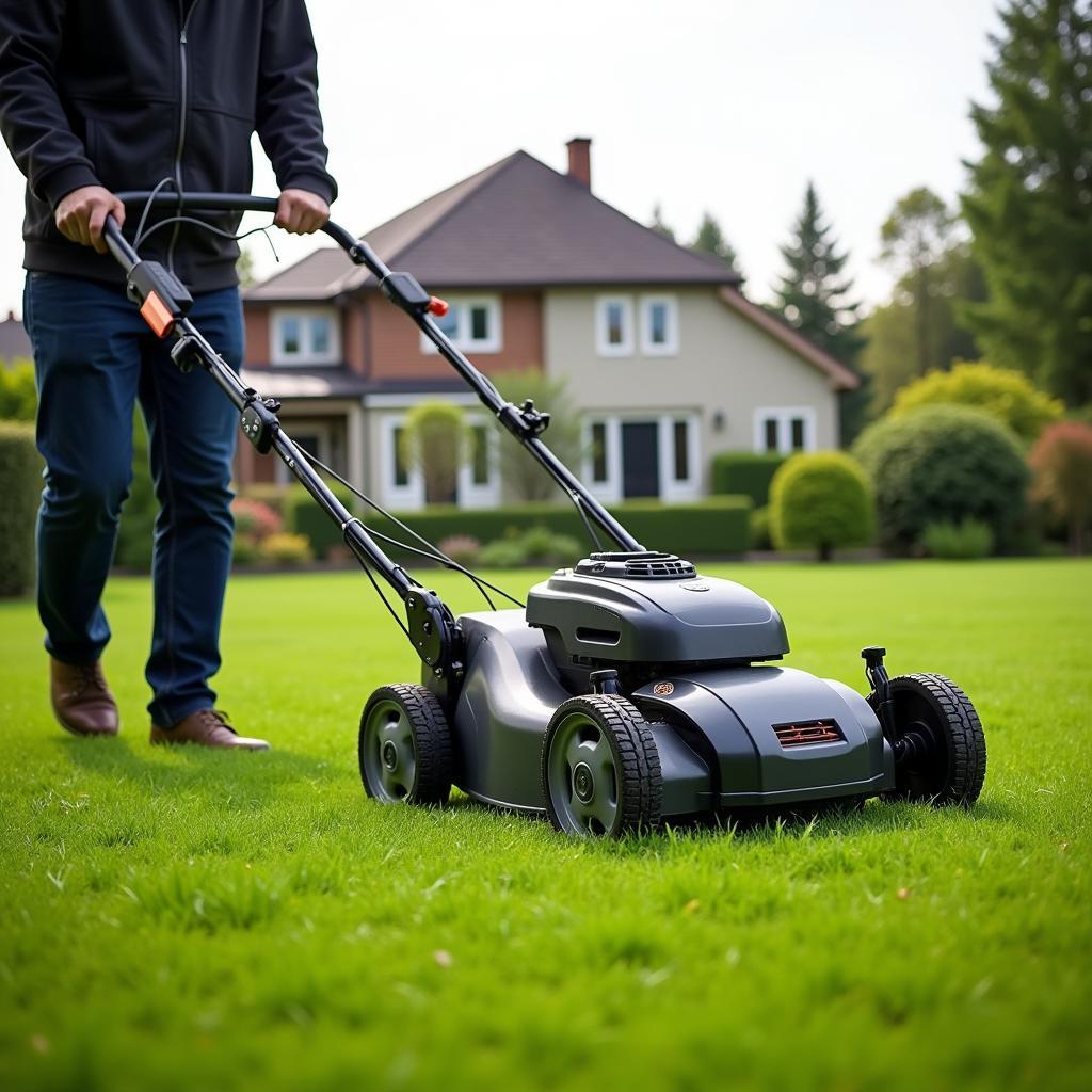 Electric lawn mower cutting grass in a suburban yard