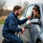 Emergency roadside service helping a locked-out driver