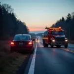 Tow truck assisting a stranded car on a highway