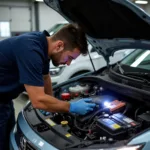 Mechanic inspecting engine compartment during 55 point car service