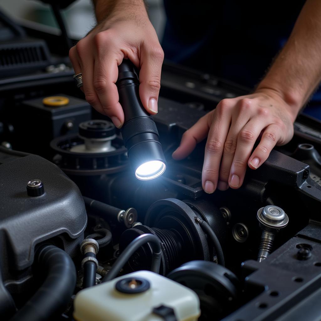 Mechanic inspecting car engine