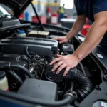 Car engine replacement in progress at a Derby garage