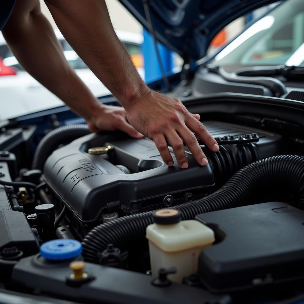 Mechanic inspecting car engine