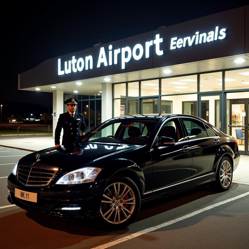 Black executive car parked outside Luton Airport for VIP transfer