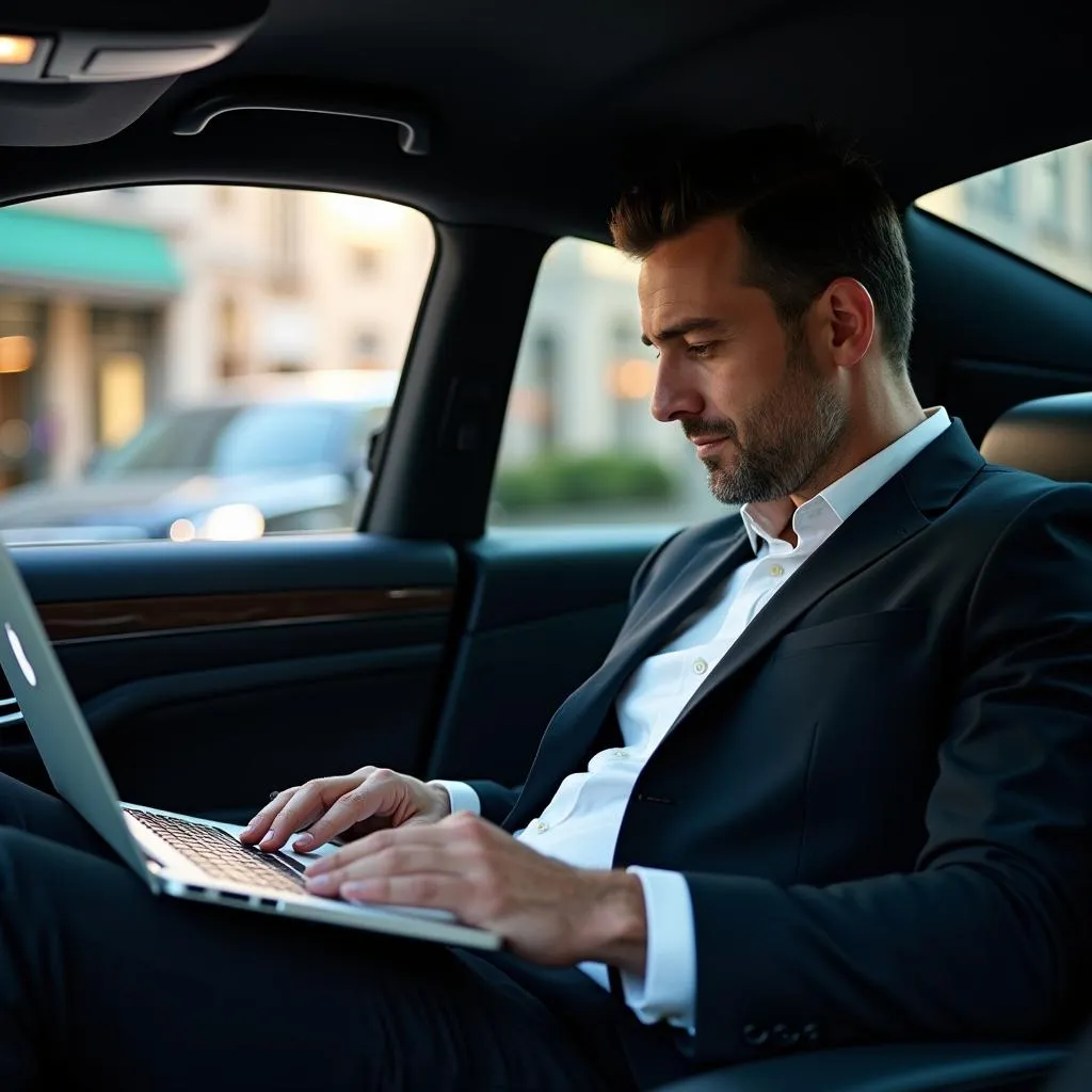 Executive Using Laptop in Car NYC