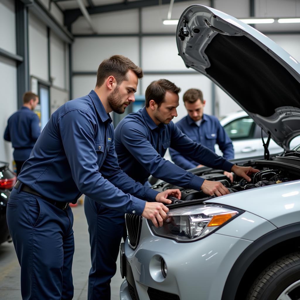 Expert mechanics working on a car