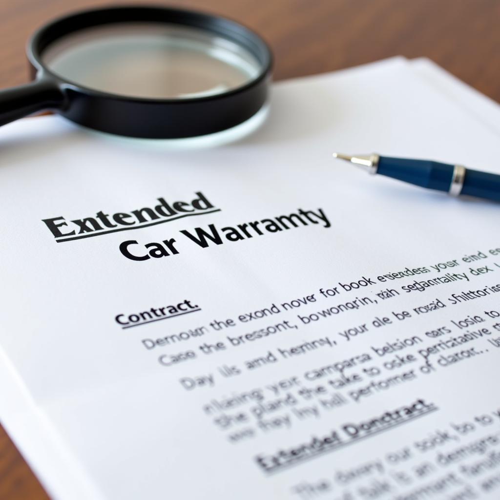 Close-up of an extended car warranty contract highlighting key terms and conditions.