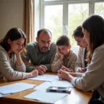 Family members gathered around a table, reviewing paperwork and discussing insurance options with a concerned expression