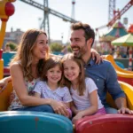 A family smiles and laughs together while on a ride at Butlins.