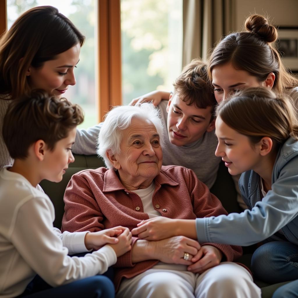 Family gathering around a hospice patient in a comforting home setting.