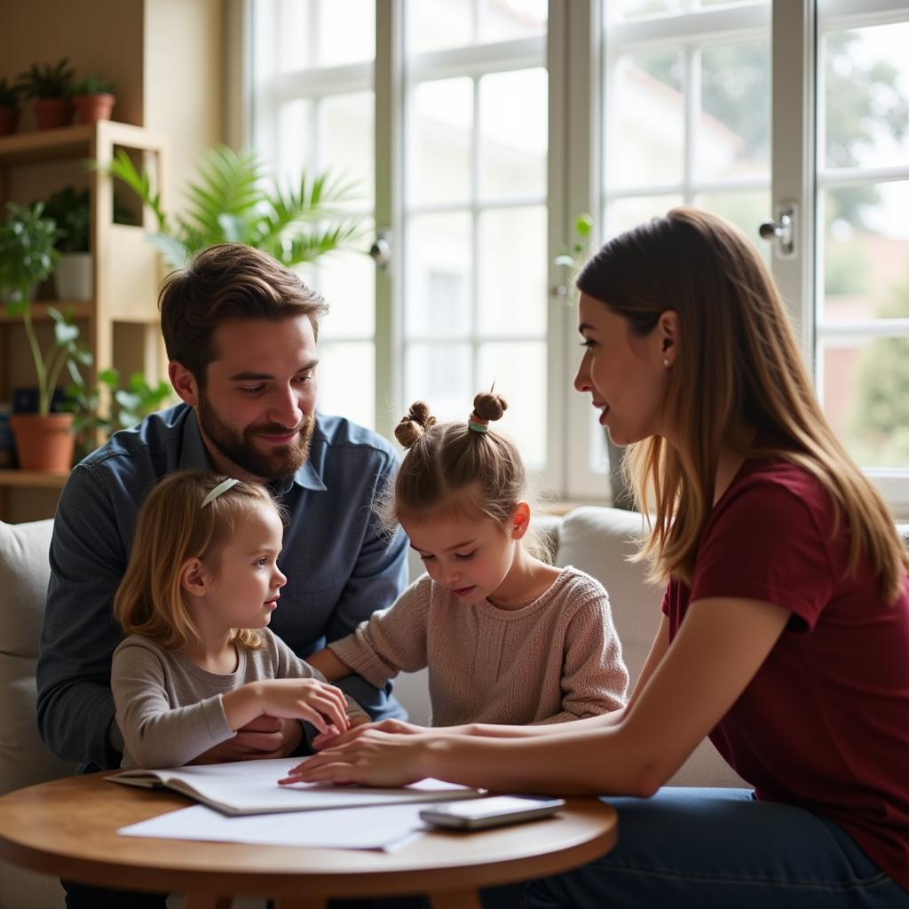 Family receiving support and guidance from a social worker