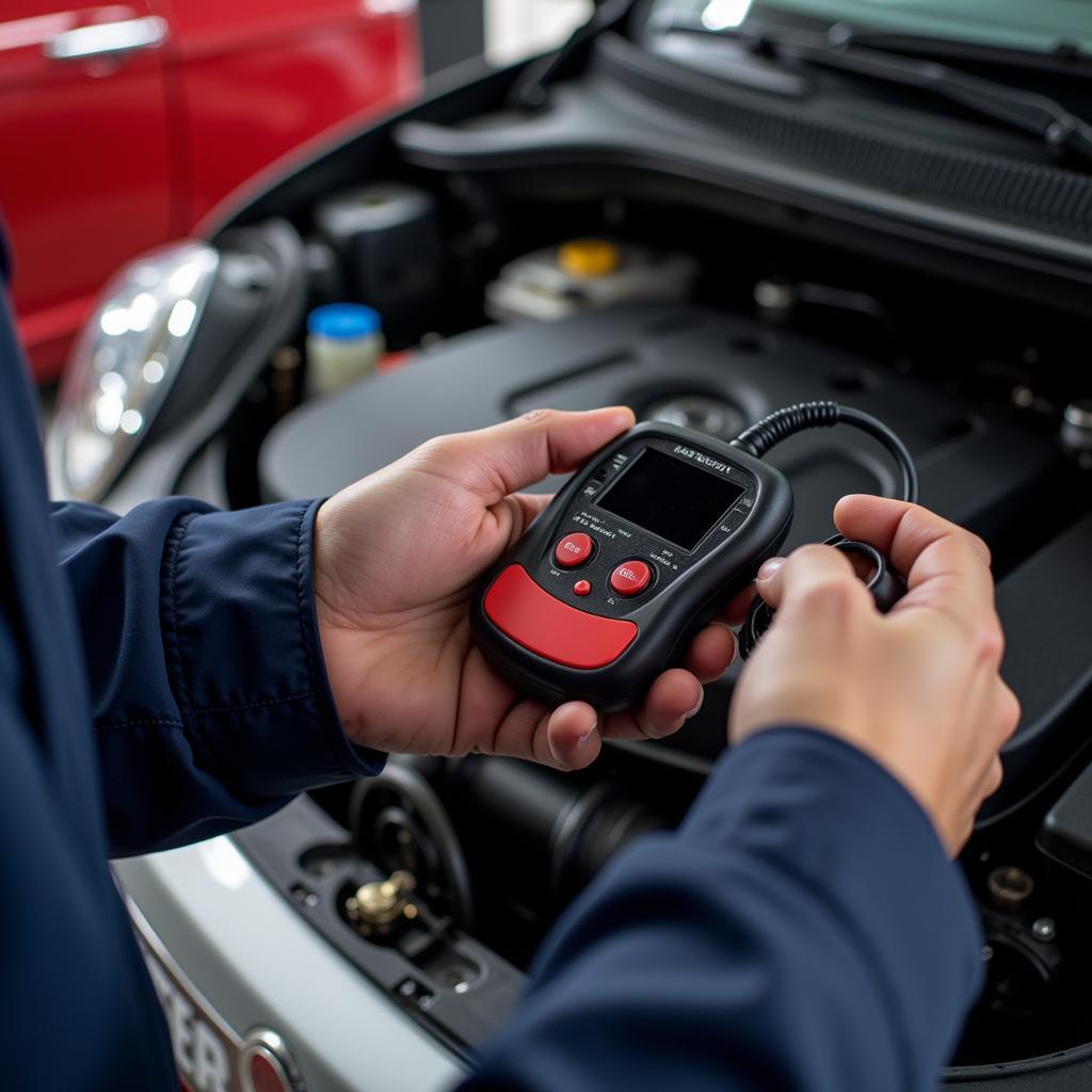 Mechanic inspecting Fiat 500 engine