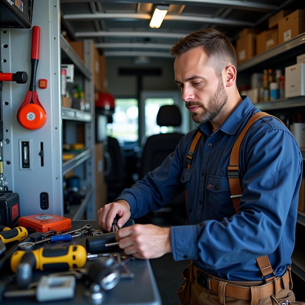 A field service technician organizing tools inside his van