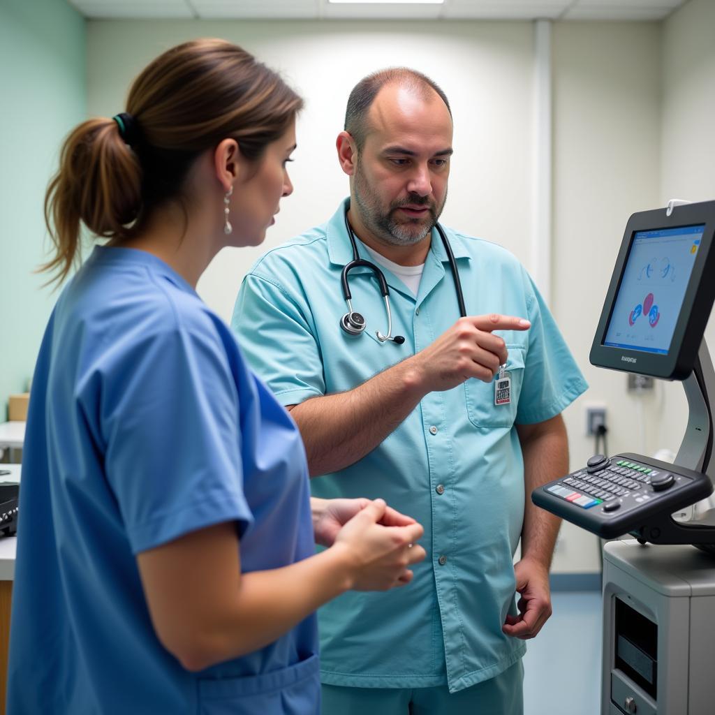 A field service technician provides hands-on training to a nurse on the correct operation of a medical device