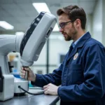 A field service technician working diligently on a complex piece of medical equipment