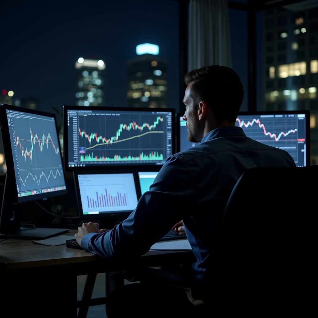 A financial advisor working late into the evening analyzing market data.