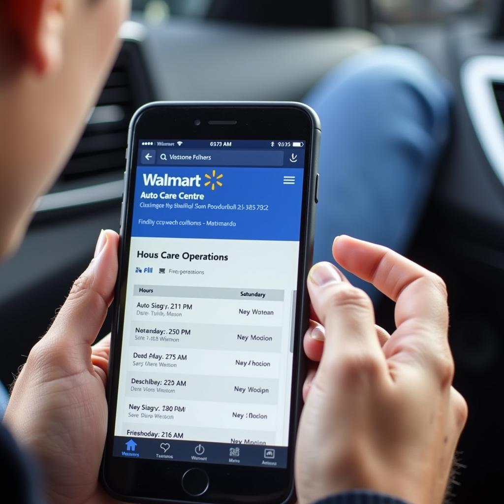 Using a smartphone to locate Walmart Auto Care Center hours online