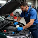 Car mechanic checking fluid levels