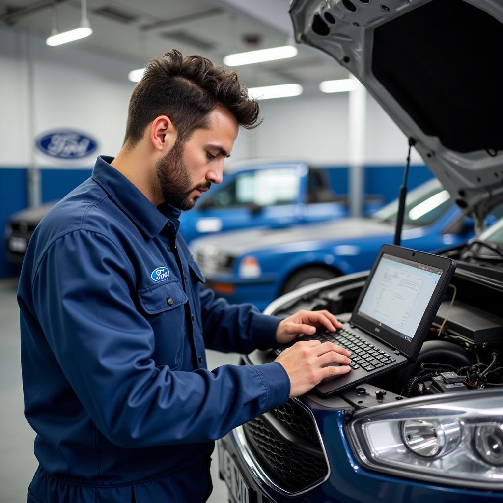 Ford Service Center Technician Working on a Vehicle