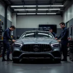 Expert technicians servicing a foreign car in a modern auto repair shop in New Kensington, PA