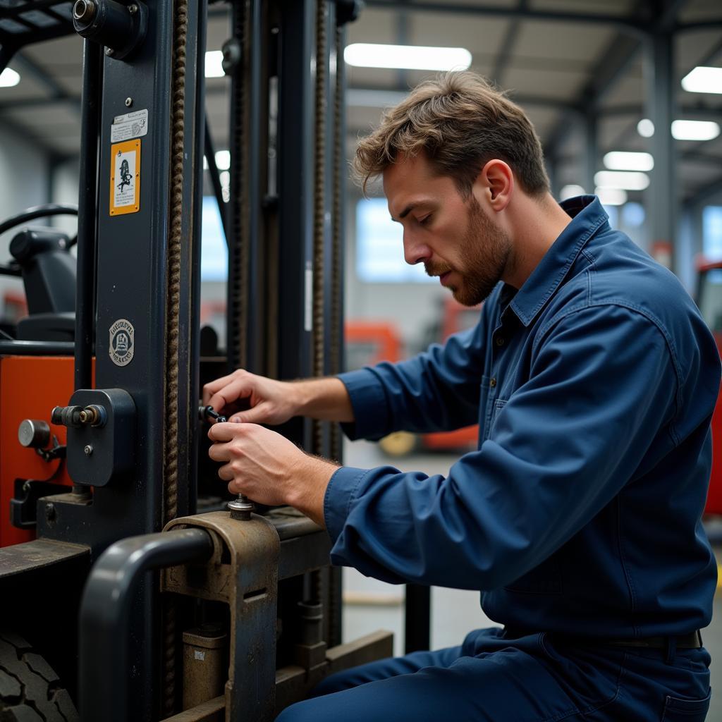 Forklift Mechanic Performing Car Service