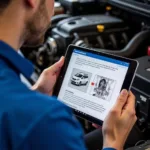 Mechanic working on a car engine with a service manual open on a tablet