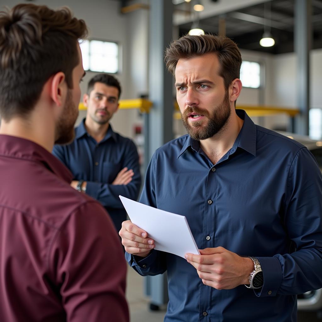 Frustrated Car Owner Arguing in Service Center