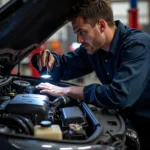 Mechanic Checking Engine Compartment During Full Car Service