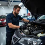 Mechanic inspecting a car during a full service in the UK