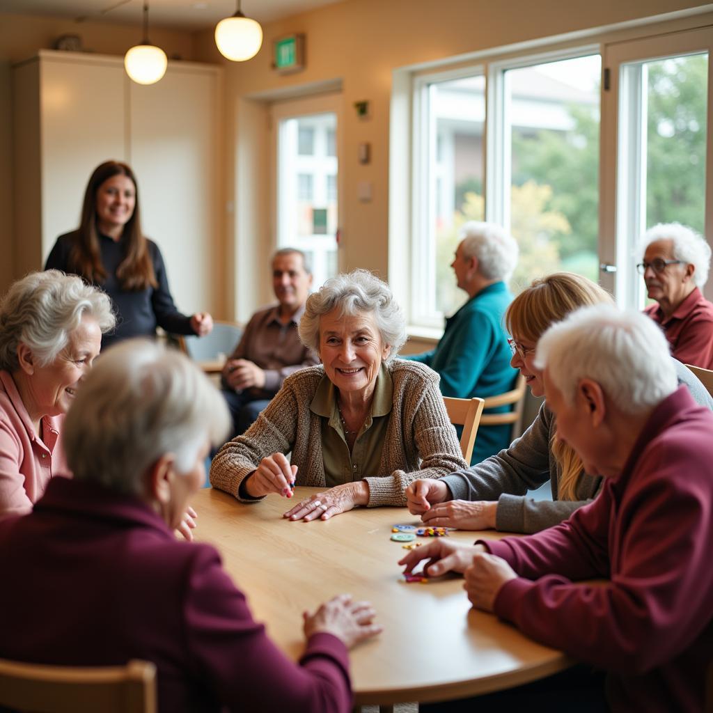 Diverse group of elderly people participating in activities at a senior center