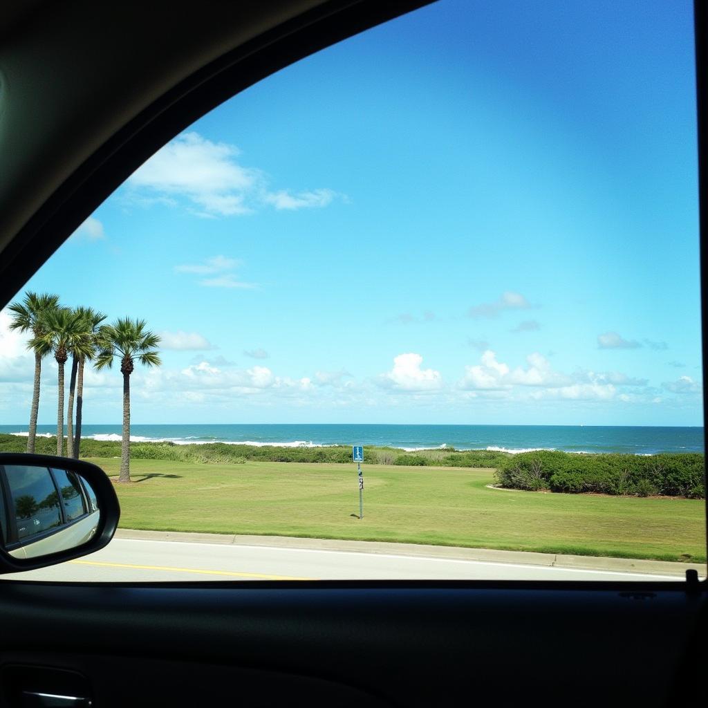 A scenic view of Galveston Island from a car window