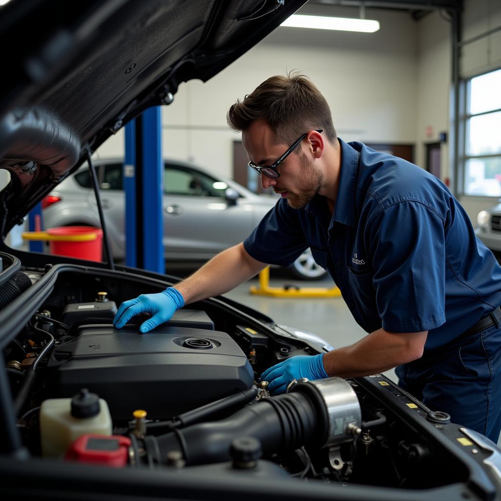 Mechanic in Garfield Township working on car engine