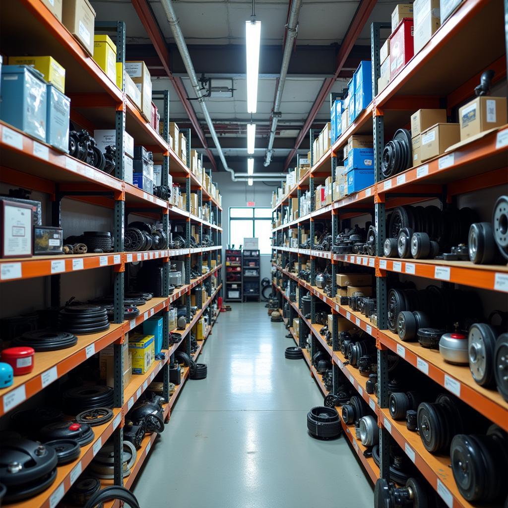 Shelves stocked with genuine car parts in an authorised service center