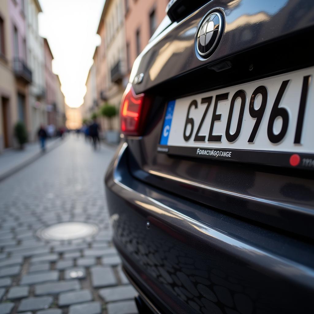 Close-up of a German license plate on a car parked on a cobblestone street