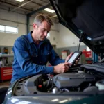 Mechanic in Glen Mills using a diagnostic tool